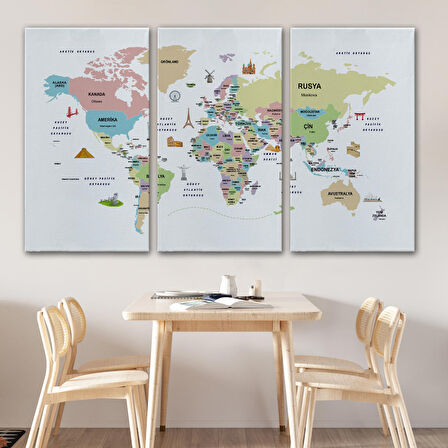 Harita Sepeti Türkçe Dünya Haritası Kanvas Tablo Ülke-Başkentli Öğretici ve Sembollü 2306