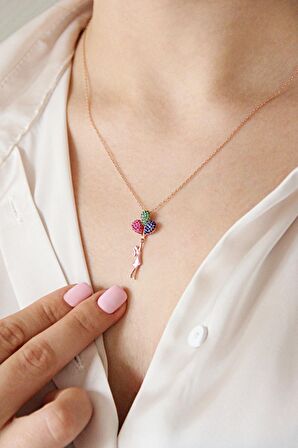 925 Ayar Gümüş Uçan Balonlu Kız Rose Kolye - N073501