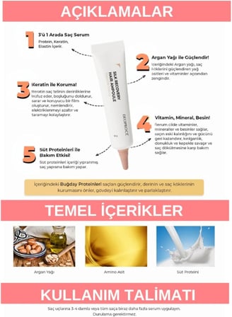 Protein, Keratin, Elastin İçeren Hasarlı Saçlar Için 3'ü Bir Arada Yoğun Saç Bakım Serumu 10g