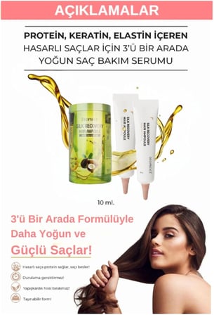 Protein, Keratin, Elastin İçeren Hasarlı Saçlar Için 3'ü Bir Arada Yoğun Saç Bakım Serumu 10g
