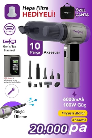 Araç İçi Süpürge Kablosuz Işıklı Göstergeli 20.000 Pa 9Başlık Yedek Filtre Çantalı Çekim&amp;Üfleme 2in1