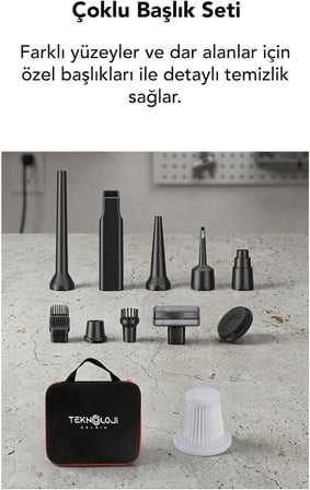 Araç İçi Süpürge Kablosuz Işıklı Göstergeli 20.000 Pa 9Başlık Yedek Filtre Çantalı Çekim&amp;Üfleme 2in1