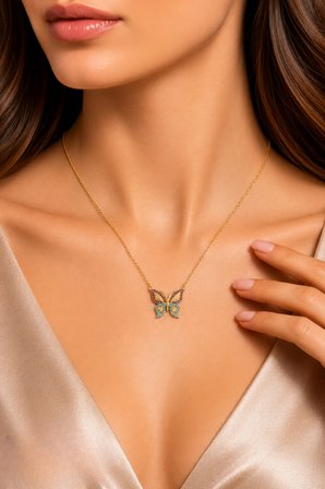 14K Altın Kaplamalı 925 Ayar Gümüş Kelebek Kolye - N078301