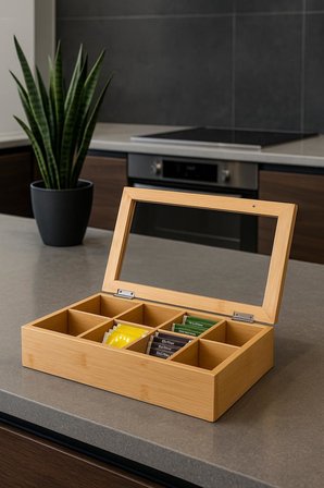 8 Bölmeli Bambu Poşet Çay Kutusu Bambu Organizer Kutu Takı Aksesuar Kutusu 30X20X7CM.