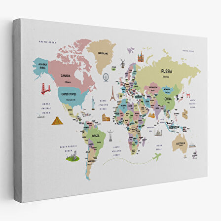 Harita Sepeti Dünya Haritası Dekoratif Kanvas Tablo Ülke ve Başkentli Öğretici ve Sembollü 2307