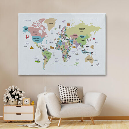 Harita Sepeti Dünya Haritası Dekoratif Kanvas Tablo Ülke ve Başkentli Öğretici ve Sembollü 2307