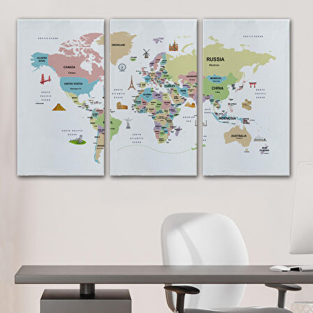 Harita Sepeti Dünya Haritası Dekoratif Kanvas Tablo Ülke ve Başkentli Öğretici ve Sembollü 2307