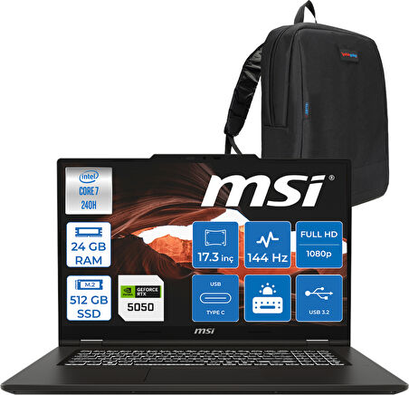 Msı Venturepro 17 Venturepro A2RWEG-027XTR Aı 2.nesil Core 7 240H 24GB Ddr5 512GB SSD 8GB/RTX5050 Gddr7 45W 17.3" Fhd 144HZ IPS Freedos Gaming BILG.Z027XTRF02+ZETTAÇANTA