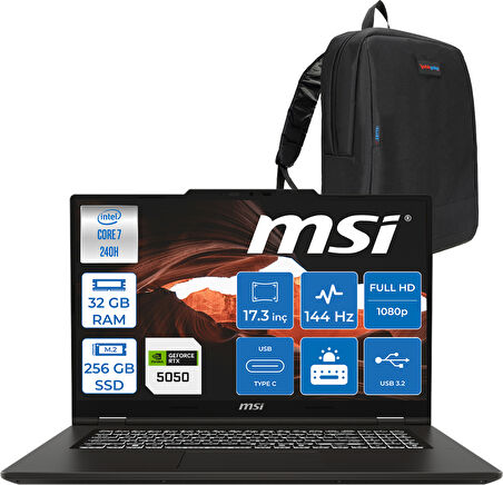 Msı Venturepro 17 Venturepro A2RWEG-027XTR Aı 2.nesil Core 7 240H 32GB Ddr5 256GB SSD 8GB/RTX5050 Gddr7 45W 17.3" Fhd 144HZ IPS Freedos Gaming BILG.Z027XTRF06+ZETTAÇANTA