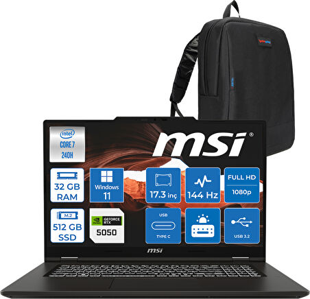 Msı Venturepro 17 Venturepro A2RWEG-027XTR Aı 2.nesil Core 7 240H 32GB Ddr5 512GB SSD 8GB/RTX5050 Gddr7 45W 17.3" Fhd 144HZ IPS WIN11PRO Gaming BILG.Z027XTRP07+ZETTAÇANTA