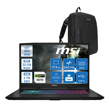 Msı Katana 17 Hx B14WGK-048XTR 14. Nesil Intel İ9-14900HX 32GB Ddr5 2tb SSD 8GB/RTX5070 115W 17.3" Qhd (2560*1440), 240Hz IPS Freedos Gaming Bilg. W048XTRF09+ZETTAÇANTA