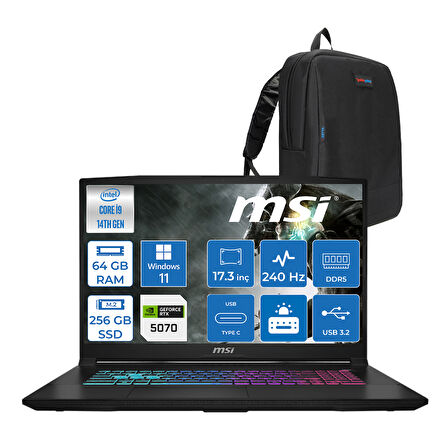 Msı Katana 17 Hx B14WGK-048XTR 14. Nesil Intel İ9-14900HX 64GB Ddr5 256GB SSD 8GB/RTX5070 115W 17.3" Qhd (2560*1440), 240Hz IPS Windows 11 Home Gaming Bilg. W048XTRH16+ZETTAÇANTA