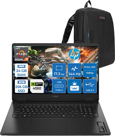 Hp Omen 17-DB0017NT Amd Ryzen Aı 9-8945HS 24GB Ddr5 256GB SSD 8GB/RTX4060 17.3" Fhd 144HZ IPS 300NIT Freedos Gaming BILG.A44QNEAF01+ZETTAÇANTA