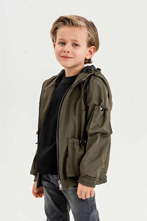 Çift Cepli Kapüşonlu Astarlı Su Geçirmez Erkek Çocuk Ceket