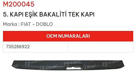 Fiat Doblo Bagaj Eşik Bakaliti Tek Kapı 2001-2010 Arası 735286922 NS-M200045 SOT