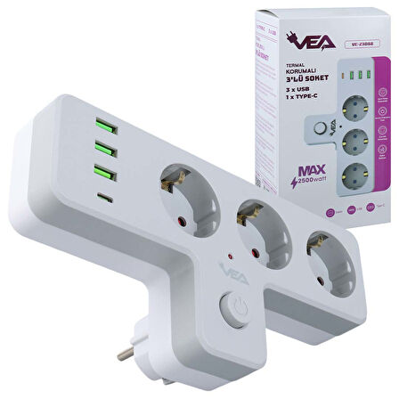 VEA VE-23088 3X USB 1X TYPE-C PD 3'LÜ ÇOCUK VE TERMAL KORUMALI ANAHTARLI GRUP PRİZ