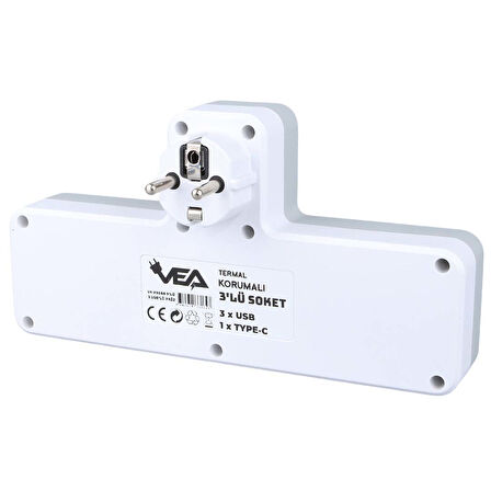 VEA VE-23088 3X USB 1X TYPE-C PD 3'LÜ ÇOCUK VE TERMAL KORUMALI ANAHTARLI GRUP PRİZ