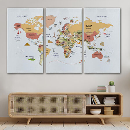 Harita Sepeti Türkçe Dünya Haritası Kanvas Tablo Ülke-Başkentli Öğretici ve Sembollü 2308