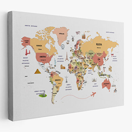 Harita Sepeti Türkçe Dünya Haritası Kanvas Tablo Ülke-Başkentli Öğretici ve Sembollü 2308