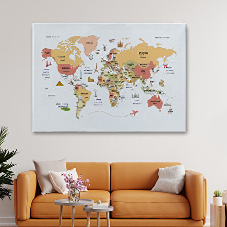 Harita Sepeti Türkçe Dünya Haritası Kanvas Tablo Ülke-Başkentli Öğretici ve Sembollü 2308