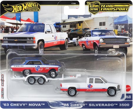 Car Culture Team Transport 63 Chevy Nova &amp; 88 Chevy Silverado 3500 Diecast Car Hrv42