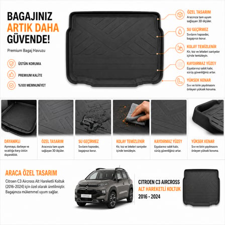 Citroen C3 Aircross 2016-2024 Arası Hareketli Koltuklu Alt Bagaj Havuzu