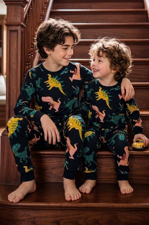 Dinozor Desenli Siyah Uzun Kollu Erkek Çocuk Pijama Takımı