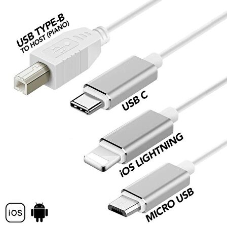 Daytona ADS-501 3ın1 USB B To Micro-Lightning-Type-C Telefon Bilgisayar Tablet Için Piyano Mıdı Org Elektrikli Piyano Konnektörü Çevirici Otg Kablo