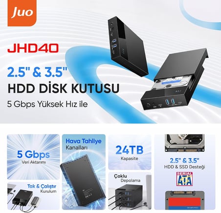 JHD40 2.5" ve 3.5" İnç SATA HDD SSD Harici Disk Kutusu, USB 3.1 Type-C 5Gbps, 3 Port USB Hub, 24TB Destekli