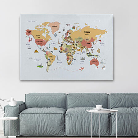 Harita Sepeti Dünya Haritası Dekoratif Kanvas Tablo Ülke ve Başkentli Öğretici ve Sembollü 2309