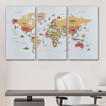 Harita Sepeti Dünya Haritası Dekoratif Kanvas Tablo Ülke ve Başkentli Öğretici ve Sembollü 2309