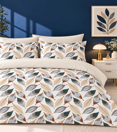 More Home Çift Kişilik Yorgan Kılıfı + Yastık Kılıfı (Çarşafsız) Yaprak Desenli Bej 