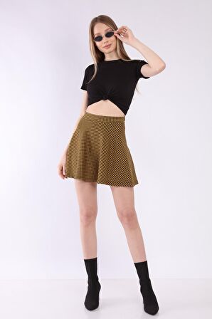 neslice Kadın Hardal Kazayağı Desenli Mini Etek L-HARDAL