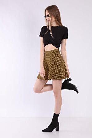 neslice Kadın Hardal Kazayağı Desenli Mini Etek L-HARDAL