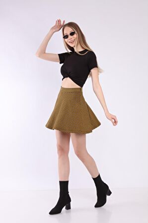 neslice Kadın Hardal Kazayağı Desenli Mini Etek XS-HARDAL