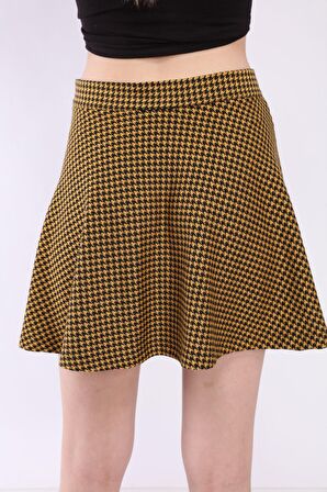 neslice Kadın Hardal Kazayağı Desenli Mini Etek XS-HARDAL