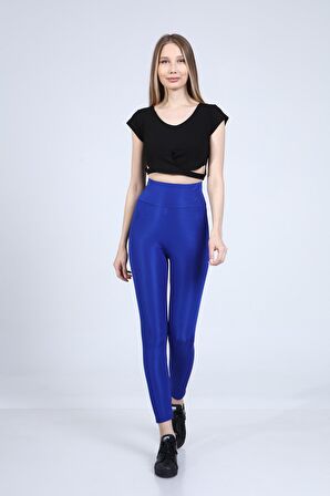 neslice Kadın Parlak Bel Toparlayıcı Tayt S-MAVİ
