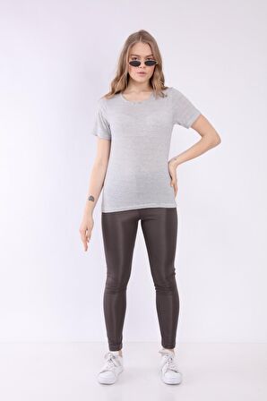 neslice Kadın Basic Yaka Kısa Kol T-shirt S-GRİ