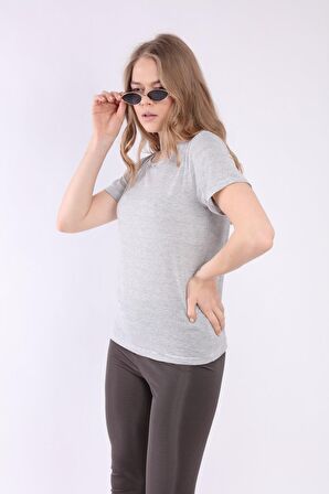 neslice Kadın Basic Yaka Kısa Kol T-shirt S-GRİ