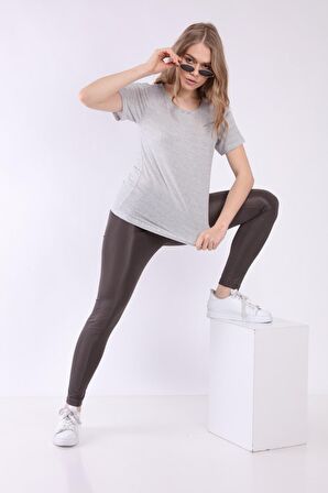 neslice Kadın Basic Yaka Kısa Kol T-shirt S-GRİ