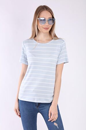 neslice Kadın Basic Yaka Kısa Kol T-shirt M-MAVİ