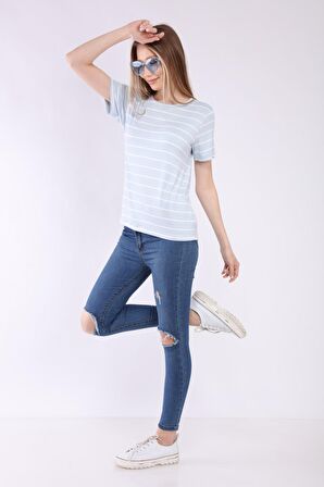 neslice Kadın Basic Yaka Kısa Kol T-shirt M-MAVİ