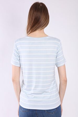 neslice Kadın Basic Yaka Kısa Kol T-shirt M-MAVİ