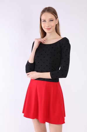 neslice Kadın Puantiyeli Havuz Yaka T-shirt L-SİYAH-PUANTİYE