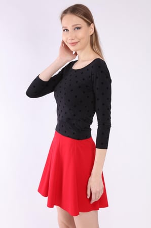 neslice Kadın Puantiyeli Havuz Yaka T-shirt L-SİYAH-PUANTİYE