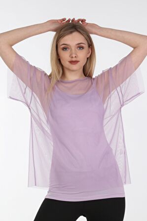 neslice Kadın Oversize Tüllü T-Shirt S-M-LİLA