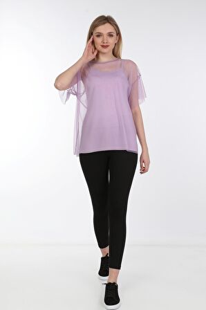 neslice Kadın Oversize Tüllü T-Shirt S-M-LİLA