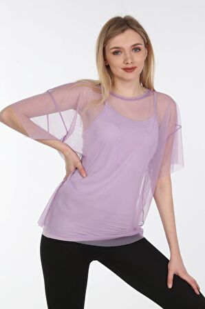 neslice Kadın Oversize Tüllü T-Shirt S-M-LİLA