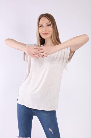 neslice Kadın Oversize Basıc Yaka Kısa Kol T-shirt M-EKRU