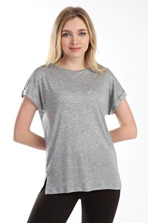 neslice Kadın Oversize Basıc Yaka Kısa Kol T-shirt L-GRİ